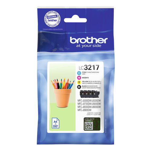 BROTHER Pack de 4 cartuchos de tinta negro, cian, magenta y amarillo LC3217VAL para MFCJ5330, MFCJ65